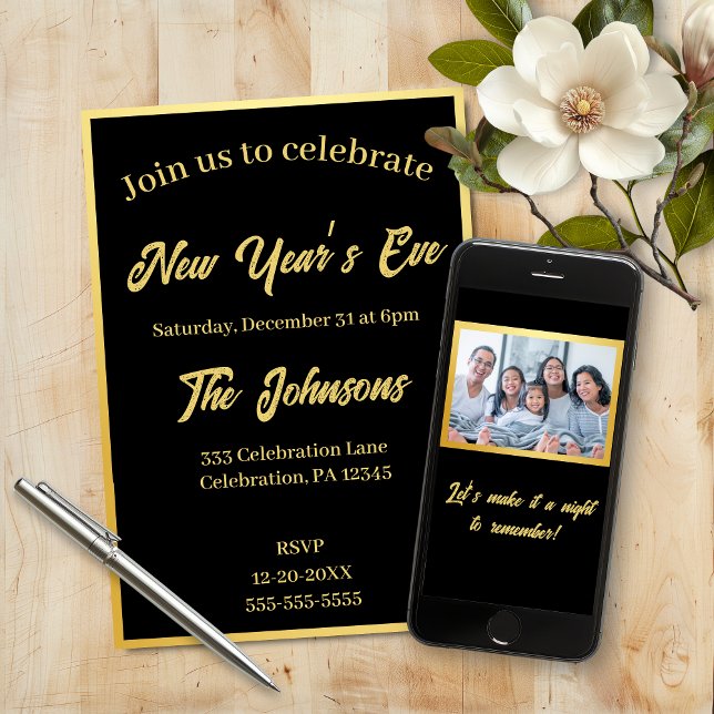 Imitats Foil Gold Black Foto Silvester Party Einladung (Black and gold new year’s eve party invitation )