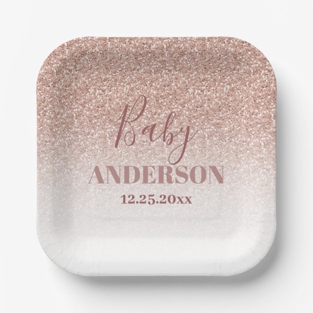 Imitats Glitzer Rose Gold Girl Baby Dusche Square Pappteller (Vorderseite)