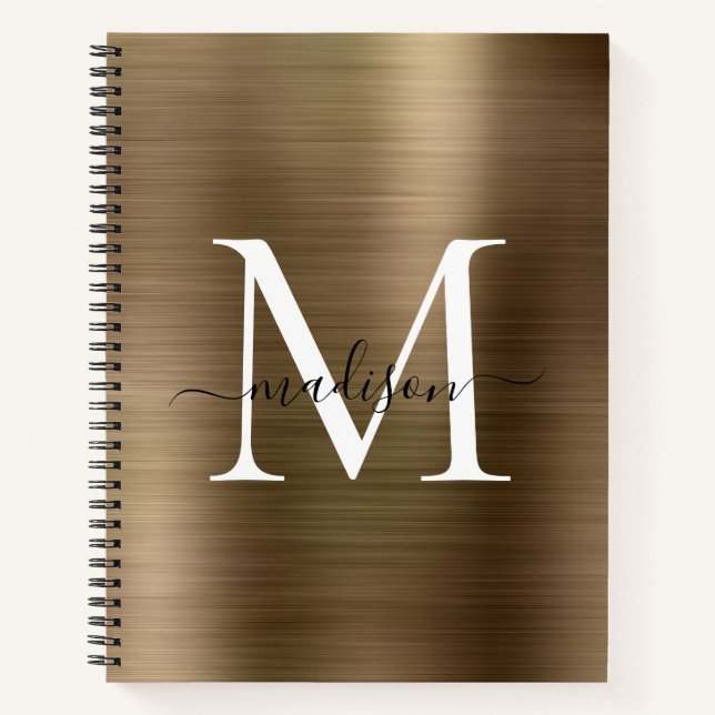 Imitats Gold Black Monogram Script gebürstete Meta Notizbuch (Vorderseite)