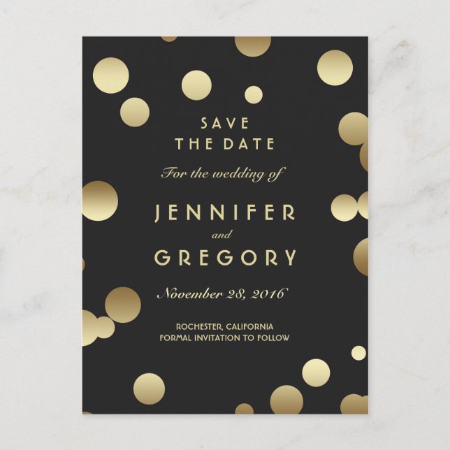 Imitats Gold Confetti Schwarz Save the Date Postka Ankündigungspostkarte (Vorderseite)