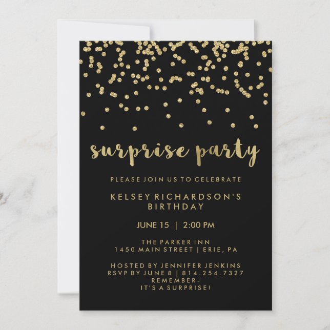 Imitats Gold Confetti zum Black Surprise Party Einladung (Vorderseite)