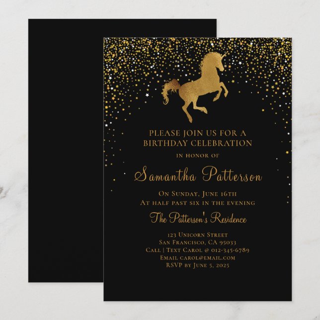 Imitats Gold Einhorn und Stars Einladung zum Gebur (Vorne/Hinten)