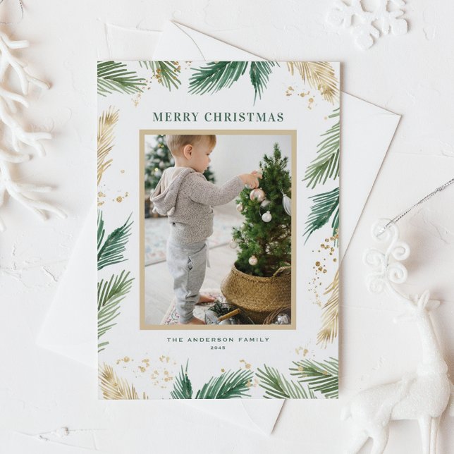 Imitats Gold Fohlen Pinsel Nadeln Foto Weihnachten (Green Watercolor and Faux Gold Foil Pine Needles Photo Merry Christmas Postcard)