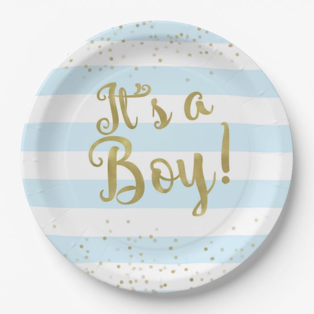 Imitats Gold Foil Blue Stripes Kinderdusche Junge Pappteller (Vorderseite)