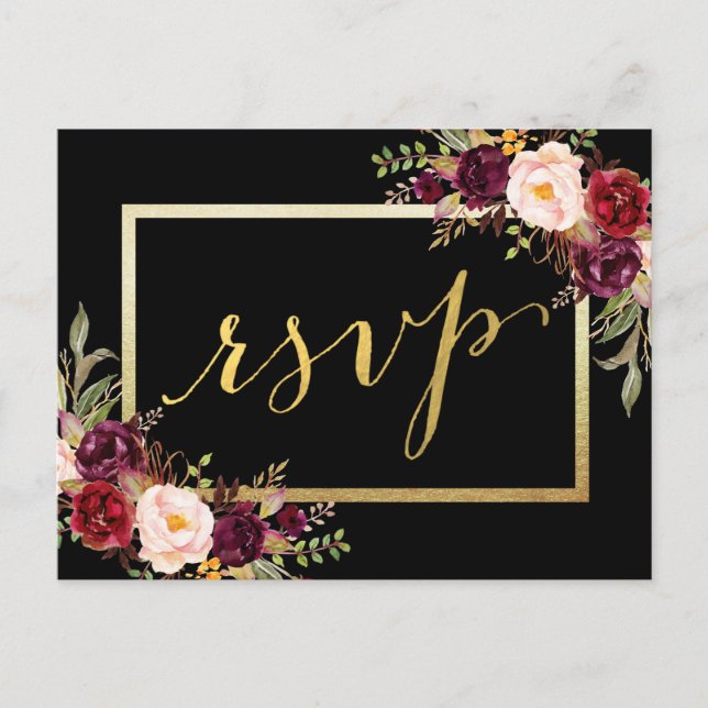 Imitats Gold Foil Burgundy Floral Black Wedding RS Postkarte (Vorderseite)