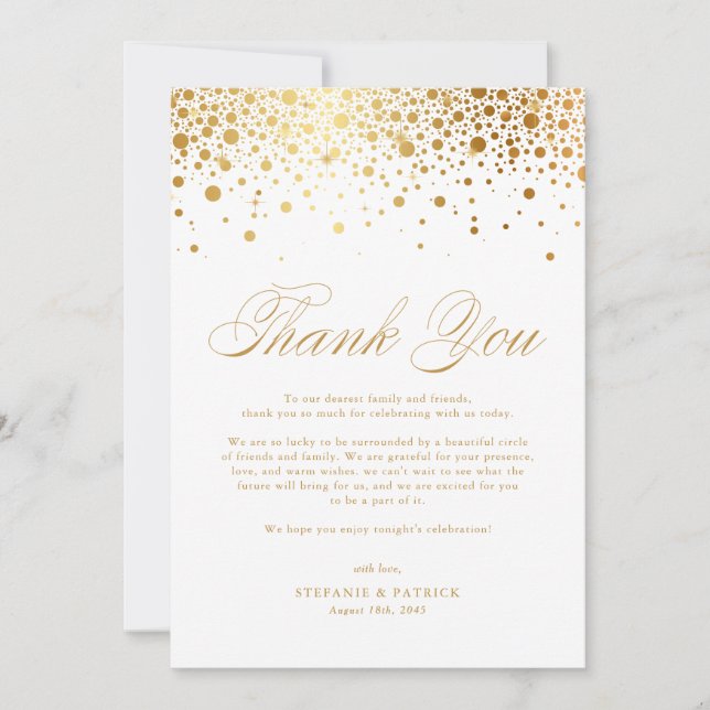 Imitats Gold Foil Confetti Dots White Wedding Dankeskarte (Vorderseite)