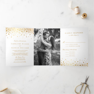 Imitats Gold Foil Confetti Dots White Wedding Dreifach Gefaltete Einladung
