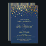 Imitats Gold Foil Confetti Navy Blue Bar Mitzvah Einladung<br><div class="desc">Mit dieser eleganten marineblauen und goldenen Einladung laden Sie Familie und Freunde zur Bar Mitzvah Ihres Sohnes ein. Es zeigt Imitate goldene Konfetti Punkte und Streifen Muster. Personalisieren Sie diese durch Hinzufügen von Namen,  Datum,  Uhrzeit,  Veranstaltungsort und anderen Veranstaltungsdetails. Matching-Elemente sind verfügbar.</div>