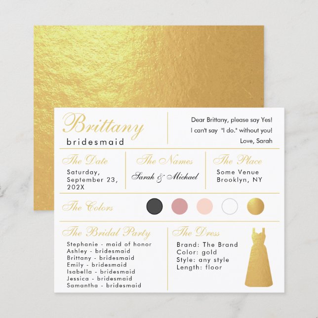 Imitats Gold Foil Dress Bridesmaid Informationskar (Vorne/Hinten)