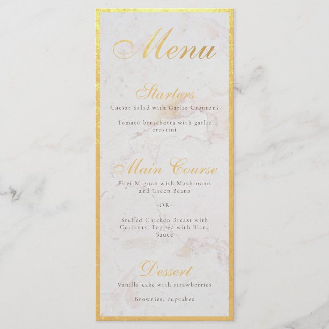 Imitats Gold Foil Elegante Kalligrafie Weißer Marm Menükarte (Vorderseite)