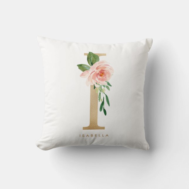 Imitats Gold Foil Floral Letter I Monogramm Kissen (Vorderseite)