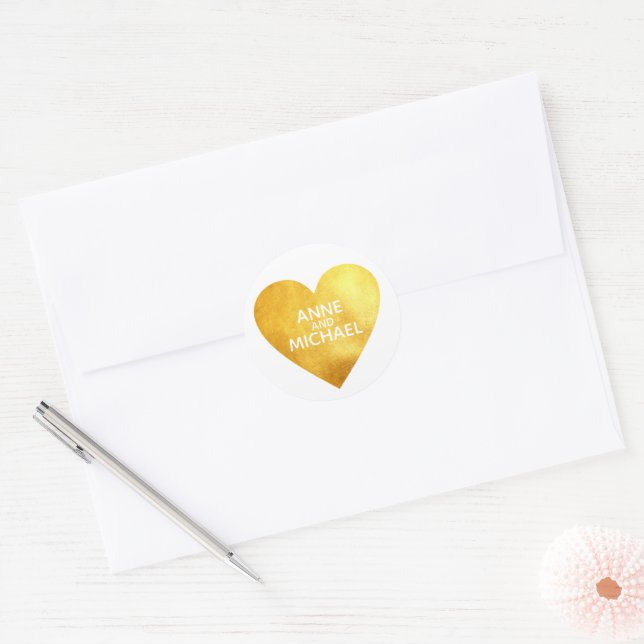 Imitats Gold Folie Liebe Herz mit Brautbräutigamen Runder Aufkleber (Umschlag)