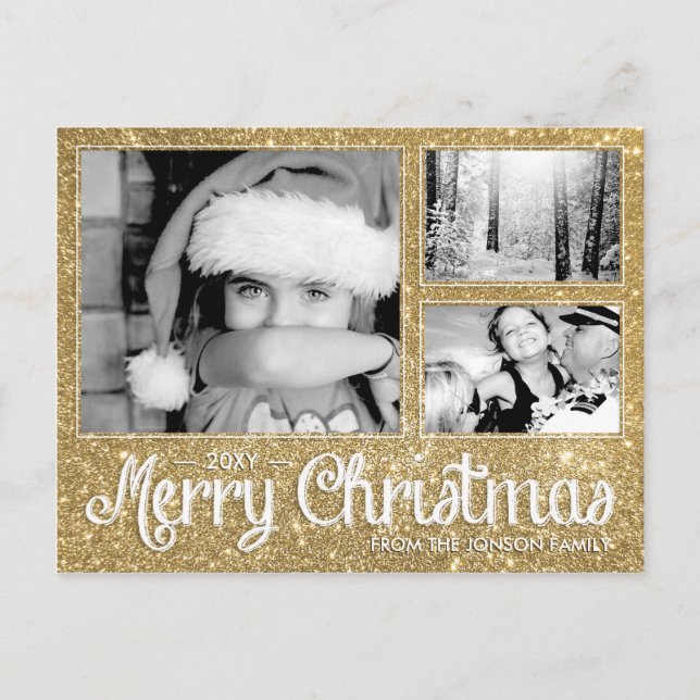 Imitats Gold Glitzer Merry Xmas 3 Foto Postkarte (Vorderseite)