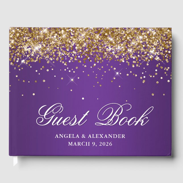 Imitats Gold Glitzer Royal Lila Ombre Wedding Gästebuch (Vorderseite)
