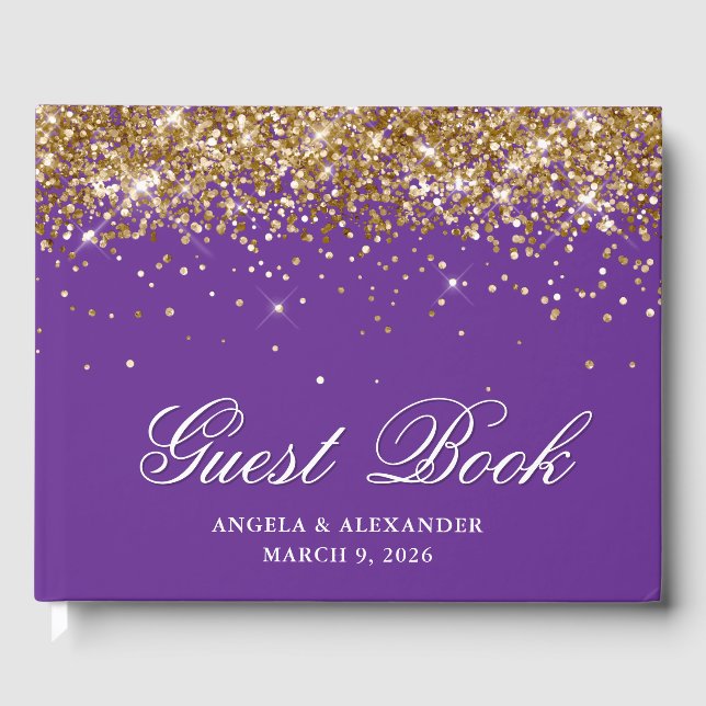 Imitats Gold Glitzer Royal Lila Wedding Gästebuch (Vorderseite)
