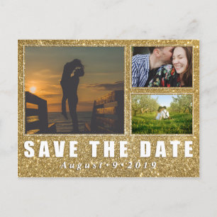 Imitats Gold Glitzer Save the Date 3 Foto Postkart Ankündigungspostkarte