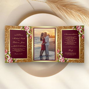 Imitats Gold Glitzer Sparkle Burgund Blumenzwiebel Dreifach Gefaltete Einladung