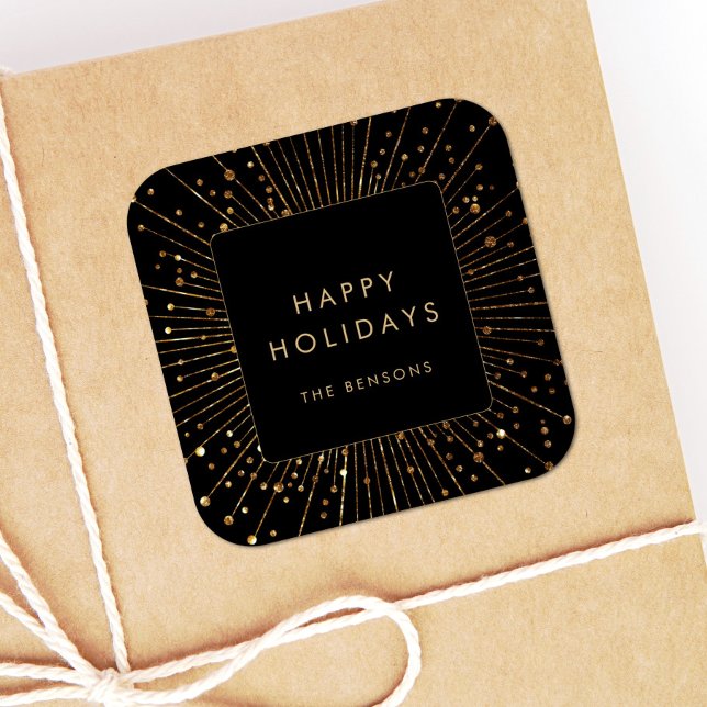 Imitats Gold Glitzer Sunburst Happy Holidays Squar Quadratischer Aufkleber (Von Creator hochgeladen)