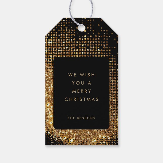 Imitats Gold Glitzer und Schwarz Frohe Weihnachten Geschenkanhänger (Vorderseite)
