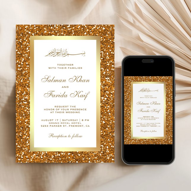 Imitats Gold Glitzer Weiße Islamische Hochzeit Einladung (Von Creator hochgeladen)