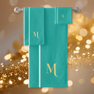 Imitats Gold Mit Monogramm Aquamarine Streifen Badhandtuch Set