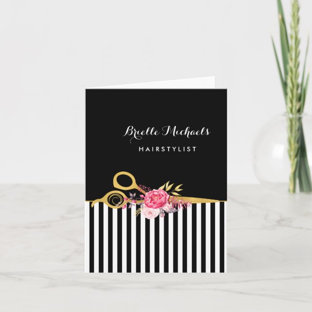 Imitats Gold Schere Streifen Rosa Blumenhaarsalon Karte (Vorderseite)