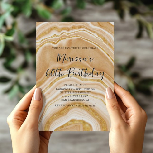 Imitats Golden Agate 60. Geburtstag Einladung (Faux Golden Agate 60th Birthday Invitation)