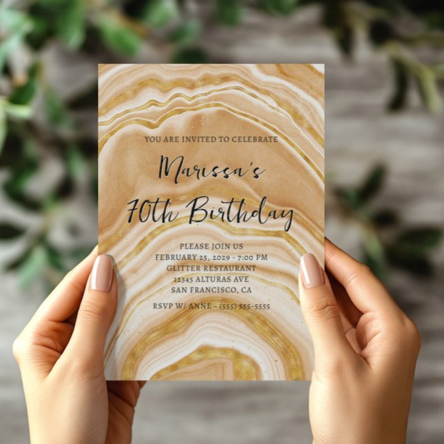 Imitats Golden Agate 70. Geburtstag Einladung (Faux Golden Agate 70th Birthday Invitation)