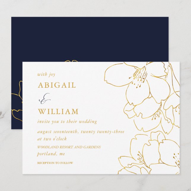 Imitats Hochzeitseinladung Gold und Weiße Flora Einladung (Vorne/Hinten)