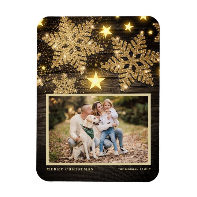 Imitats Holz Gold Glitzer Schneeflocken Foto Weihn Magnet (Vertikal)