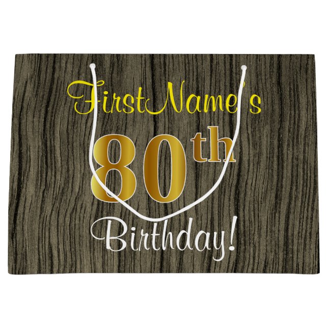Imitats Holzschauen, Imitats Gold 80. Geburtstag + Große Geschenktüte (Vorderseite)