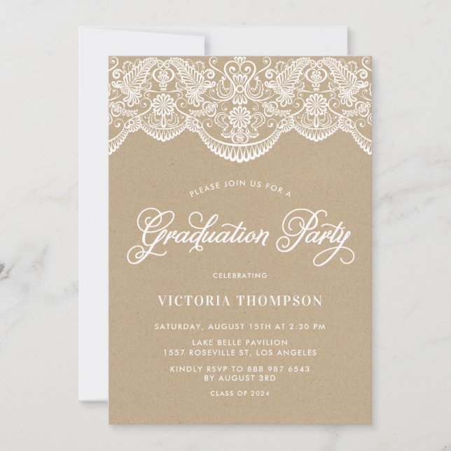 Imitats Kraft Brocade Lace Graduation Party Einladung (Vorderseite)