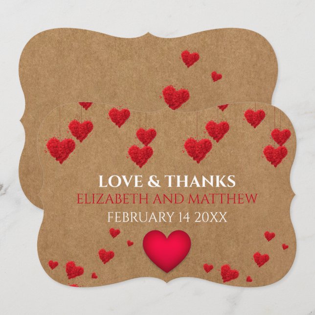 Imitats Kraft Red Hearts Valentines Liebe und Dank Einladung (Vorne/Hinten)