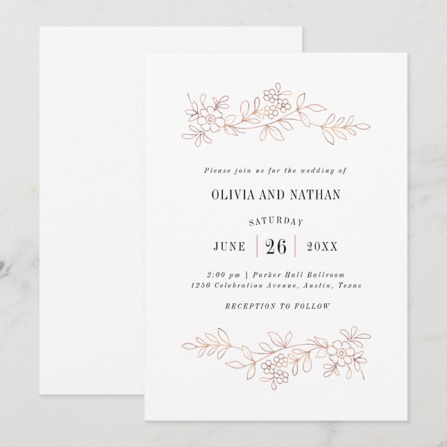 Imitats Rose Gold Botanische Linienzeichnungen | H Einladung (Vorne/Hinten)
