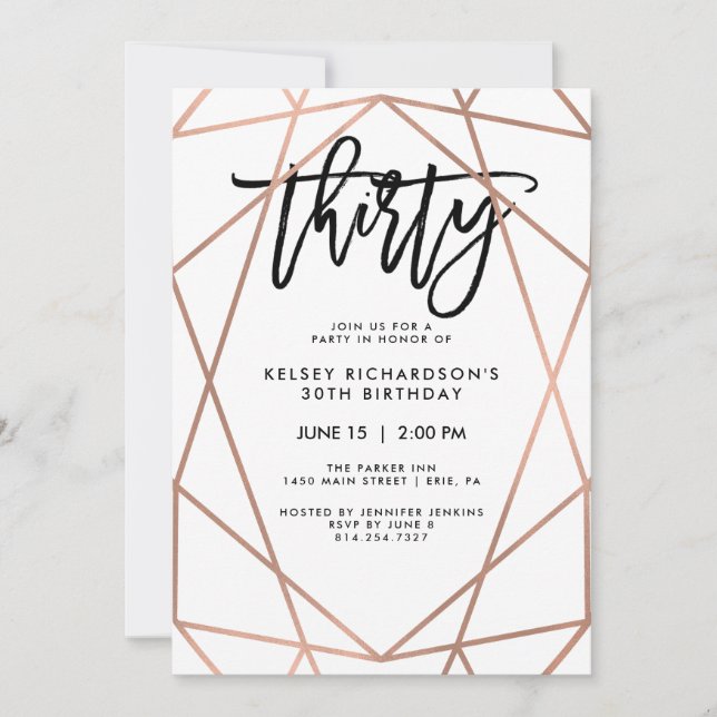 Imitats Rose Gold Geometric | 30. Geburtstag Party Einladung (Vorderseite)