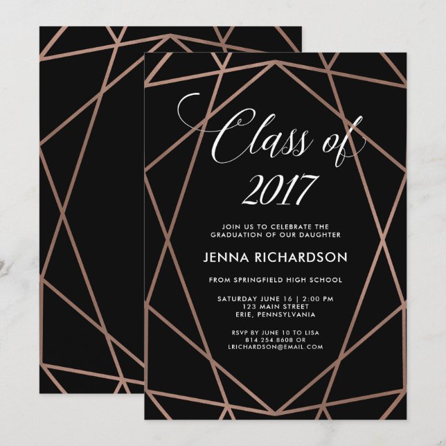 Imitats Rose Gold Geometric auf Black Graduation P Einladung (Vorne/Hinten)