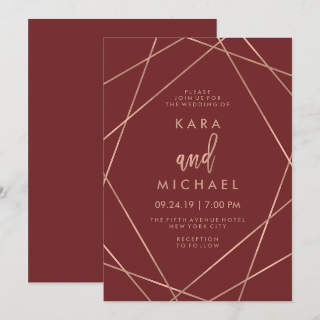 Imitats Rose Gold Geometric | Burgundy Wedding Einladung (Vorne/Hinten)