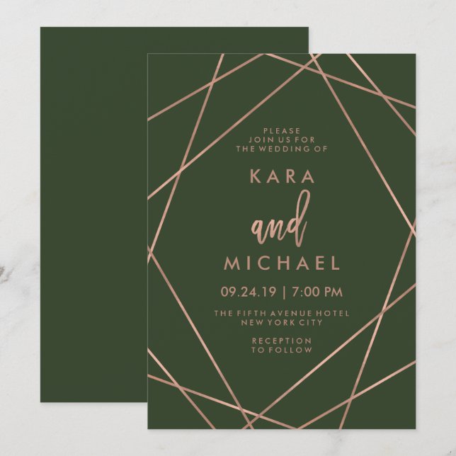 Imitats Rose Gold Geometric | Deep Green Wedding Einladung (Vorne/Hinten)