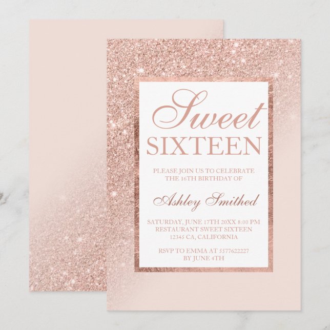 Imitats Rose Gold Glitzer eleganter Sweet 16 Seite Einladung (Vorne/Hinten)