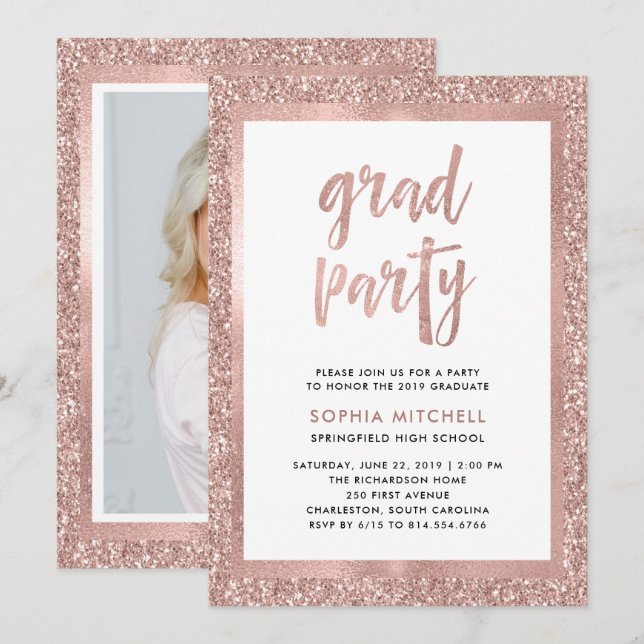 Imitats Rose Gold Glitzer | Foto der Graduierungsp Einladung (Vorne/Hinten)