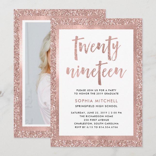 Imitats Rose Gold Glitzer | Foto der Graduierungsp Einladung (Vorne/Hinten)