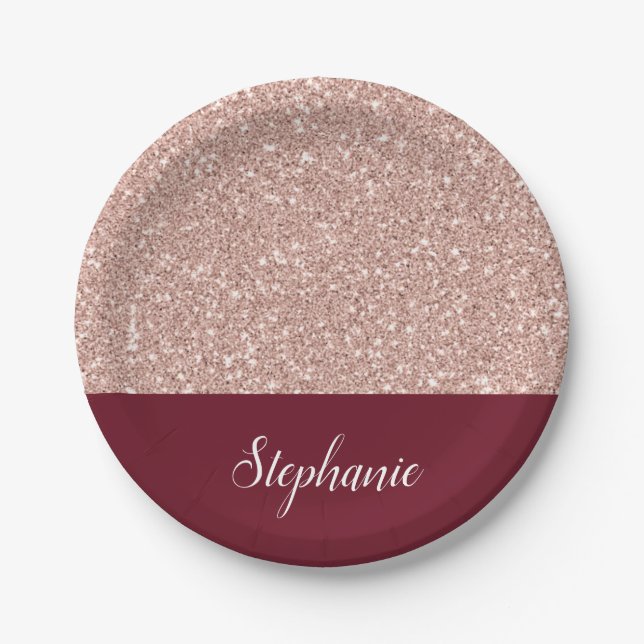 Imitats Rose Gold Glitzer mit Burgund Pappteller (Vorderseite)