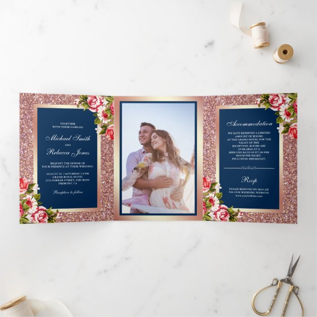 Imitats Rose Gold Glitzer Sparkle Blumenstrauß Hoc Dreifach Gefaltete Einladung (Innenseite)