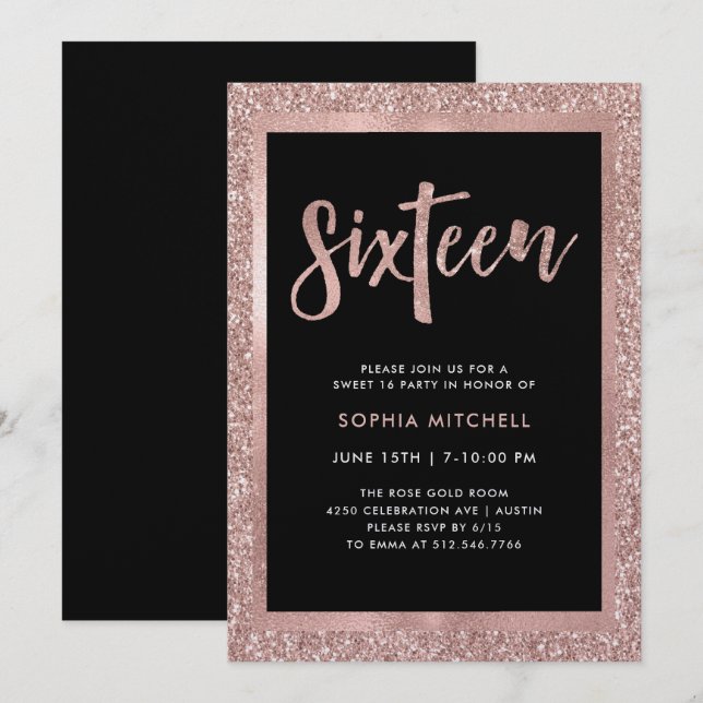 Imitats Rose Gold Glitzer | Sweet 16 Party Einladung (Vorne/Hinten)