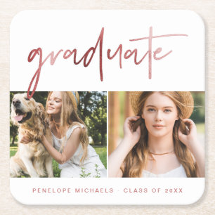 Imitats Rose Gold Graduate Script Foto Raster Weiß Rechteckiger Pappuntersetzer