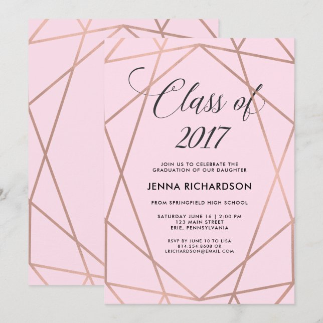 Imitats Rose Goldene Geometrie auf Rosa Abschluss Einladung (Vorne/Hinten)