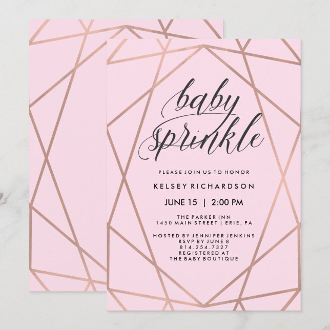 Imitats Rose Goldene Geometrie Rosa Baby Sprinkle Einladung (Vorne/Hinten)