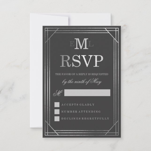 Imitats Silver Foil Art Deco | Hochzeit RSVP Karte (Vorderseite)