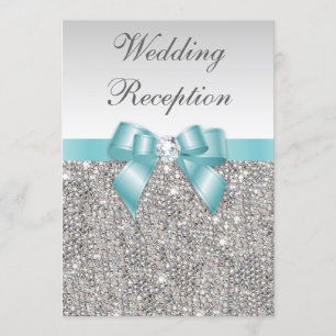 Imitats Silver Sequins Aquamarine Bow Wedding Rece Einladung