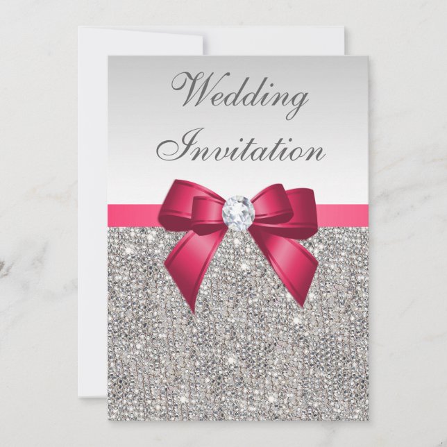 Imitats Silver Sequins Diamonds & Bow Wedding Einladung (Vorderseite)